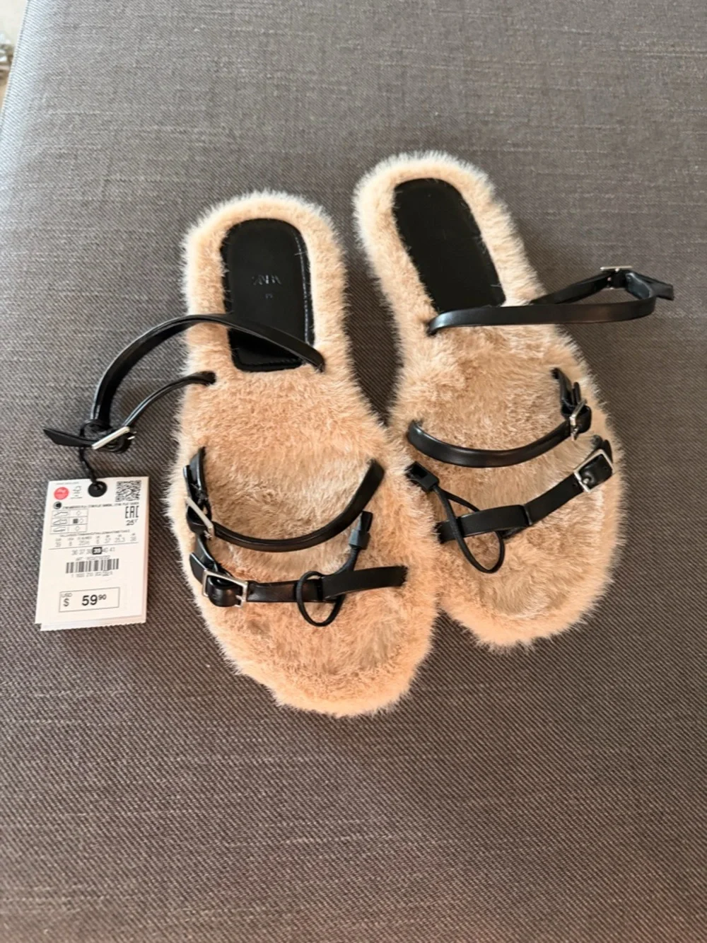 Zara Black Strappy Sandals with Cream Shearling Footbed size 39 - Picture 6 of 8